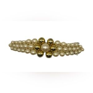 Women’s Barrette. Beaded -Faux Pearl Beads & Gold Beads Vintage Approx 3.5x1.5”